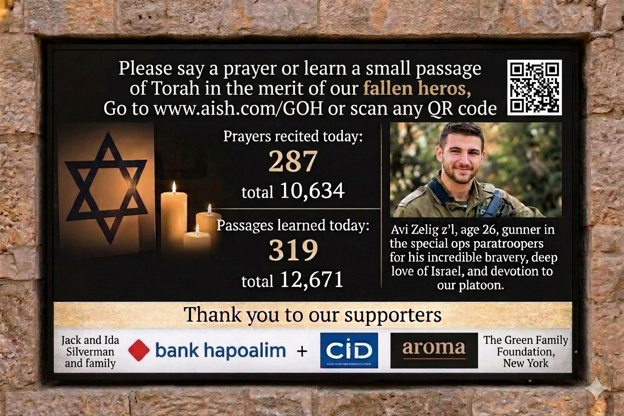Mockup of the Garden of Heroes digital memorial screen showing live prayer and Torah-learning counters, a fallen hero's profile, and supporter recognition