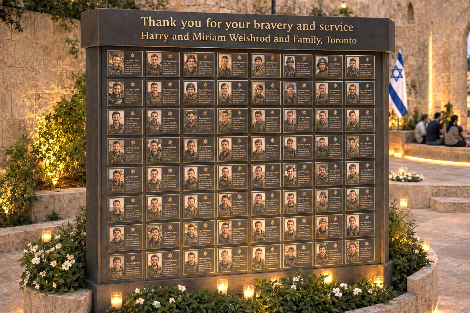 Memorial column with bronze plaques honoring individual fallen soldiers