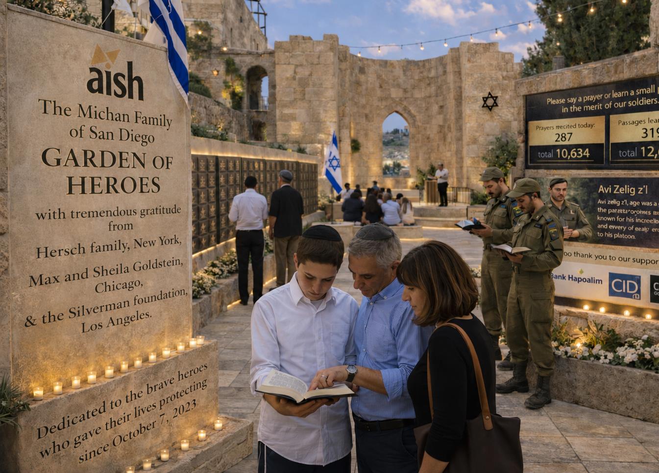 The Garden of Heroes entrance dedication stone at dusk