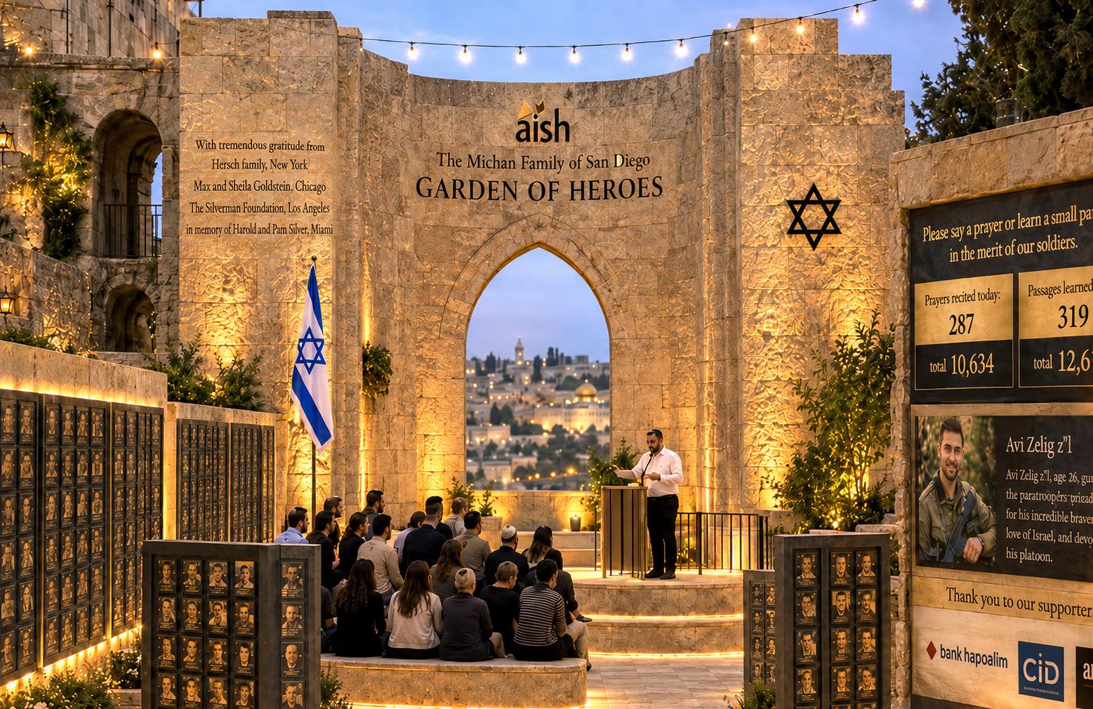 Rendering of the Garden of Heroes memorial arch overlooking Jerusalem at dusk
