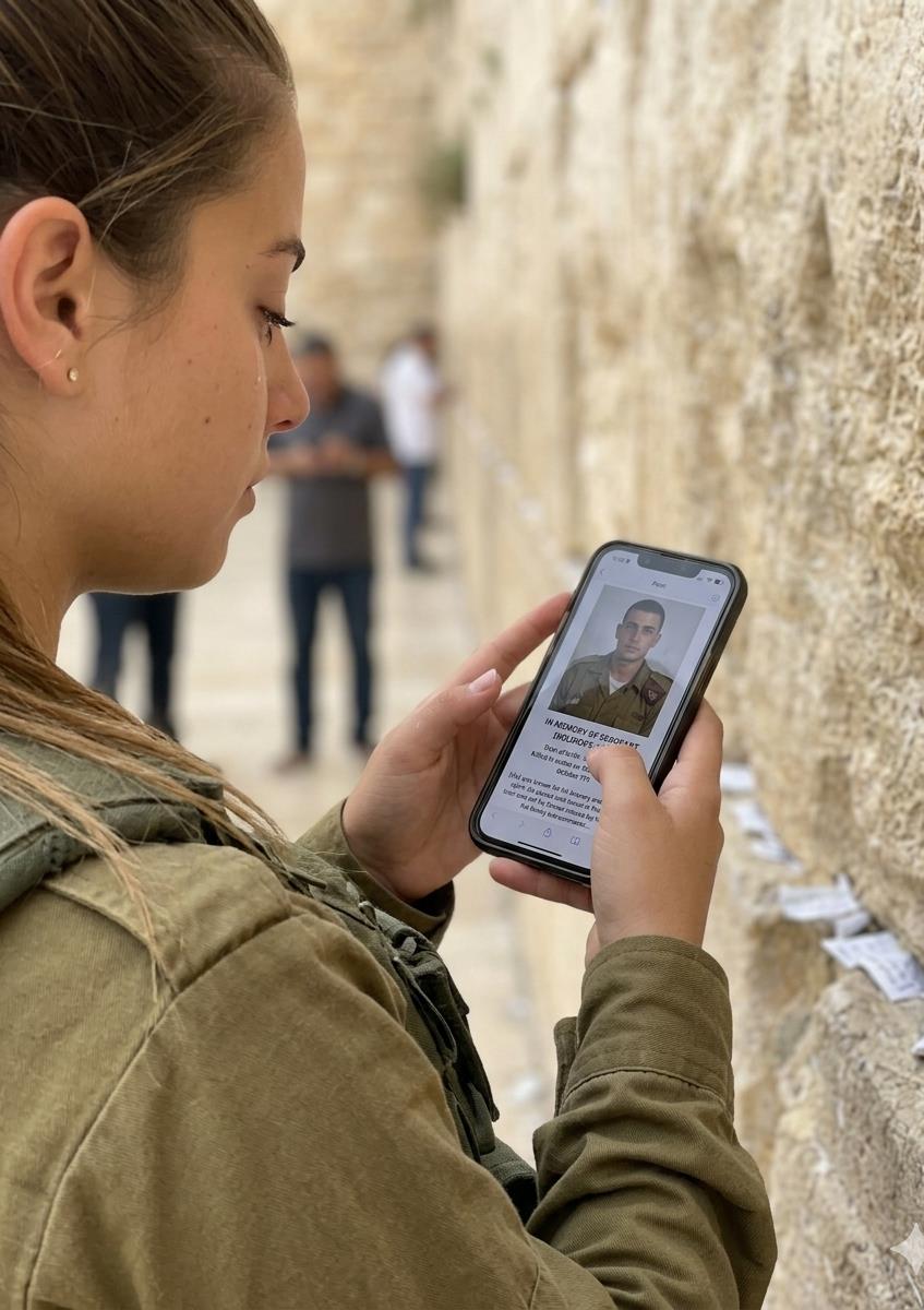 A soldier at the Western Wall reading a fallen hero's profile on the Memorial App