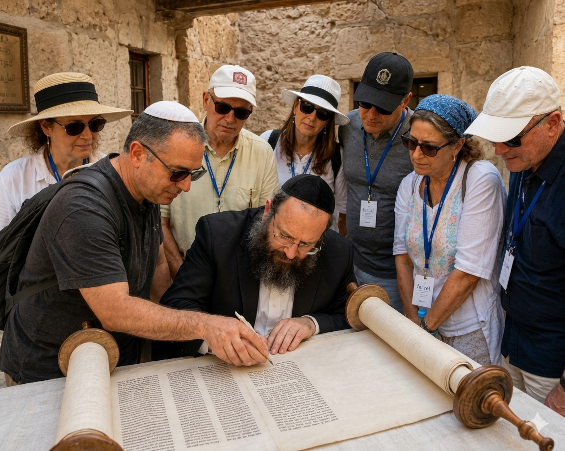A sofer (Torah scribe) writing a Torah scroll as visitors gather around to participate