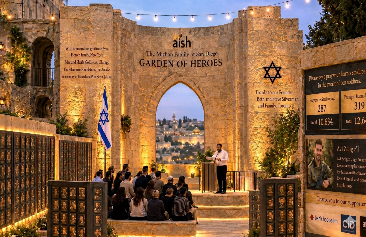 Evening gathering at the Garden of Heroes archway, overlooking Jerusalem, with memorial walls and dedication inscriptions